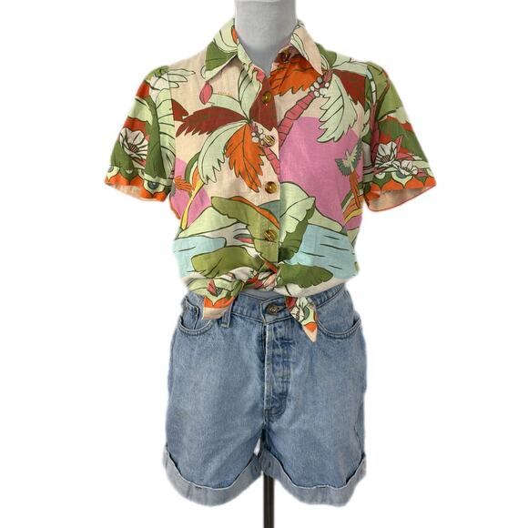 Farm Rio for Anthropologie Linen Blend Tropical Print Button Up - Women's XS - Picture 1 of 6